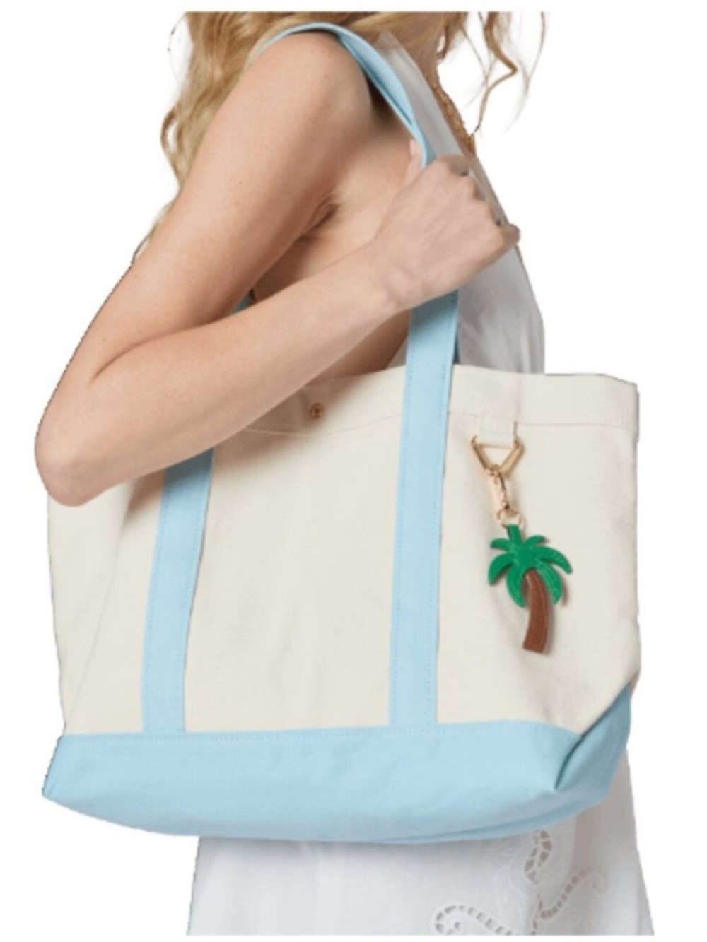 BaubleBar – Large Canvas Tote with Light Blue Straps and Palm Tree Charm